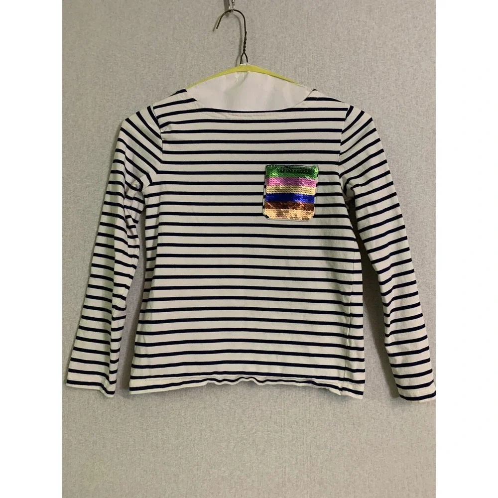 Mini Boden 2pc Outfit Set Girls 10Y Navy Stripe Sequin Top Unicorn Terry Shorts